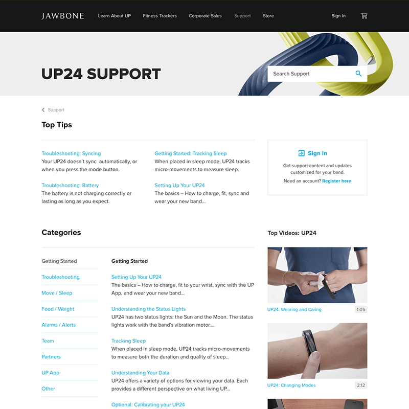 Jawbone support product page: UP24