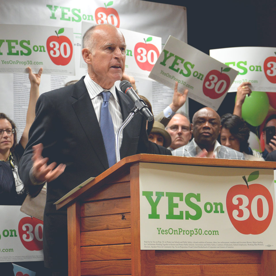 Jerry Brown press conference for Yes on 30
